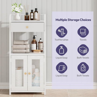 SWTYMIKI 14.57"x32.28" Bathroom Storage Cabinet – Freestanding Toilet Paper Storage with Doors & Drawer, Bathroom Organizers and Storage for Small Spaces, Laundry Room, Ideal for Towels, White