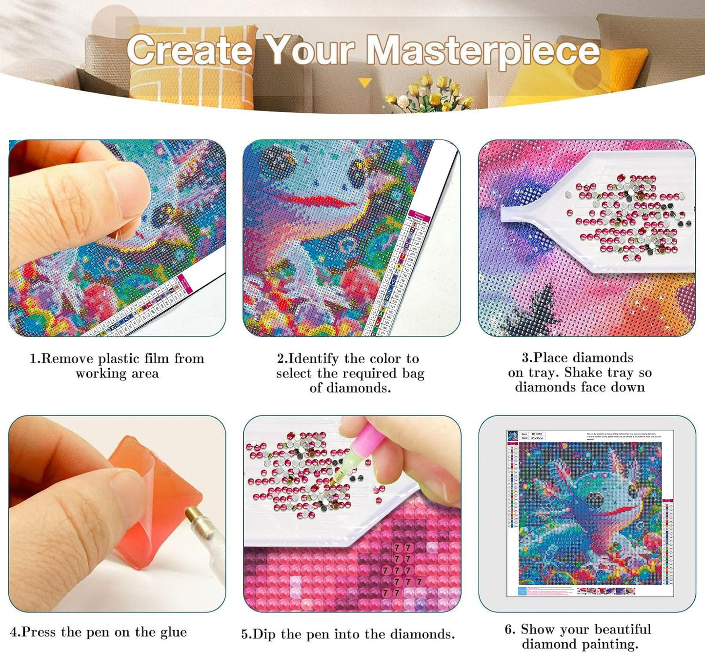 Axquilon 3 Pack Salamander Diamond Art Kits for Adults, Diamond Painting Kits for Adults Beginner, DIY 5D Full Drill Gem Art for Home Wall Decor 14x14 inch