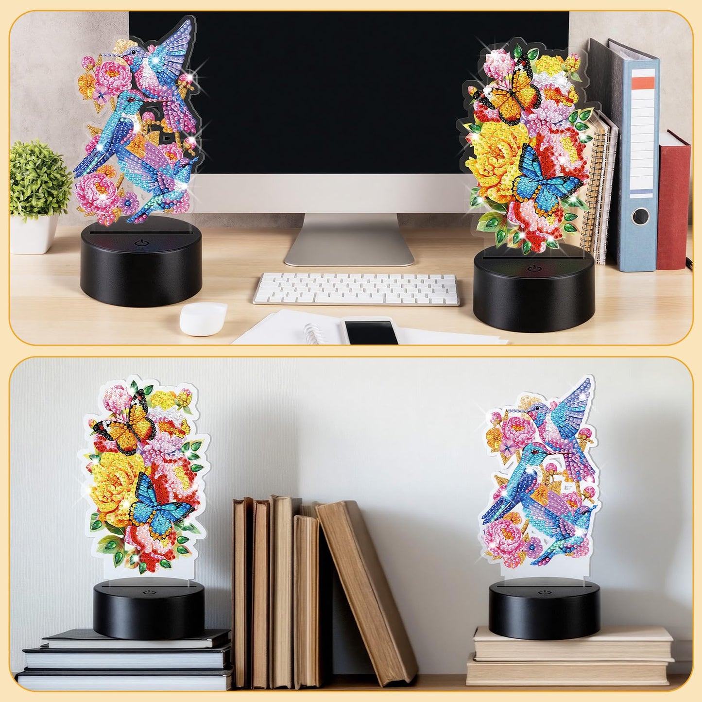 VIHOSE 2 Pcs Diamond Painting Night Light Butterfly&Birds Diamond Art Lamp DIY Light up Crafts Desktop Ornaments for Adults DIY Beginner Table Tabletop Decor Bedrooms Living Room