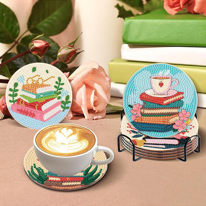 8 Pcs Book Diamond Art Coasters Kit for Adults, Book Lovers Wooden Coffee Diamond Painting Coasters with Holder, 5D Gem Art Dots Painting Coaster with Cork Pads - Crafts Supplies for Home Decor