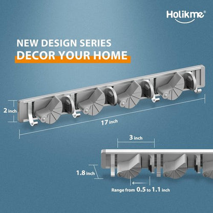 Holikme Wall Mount Mop Broom Holder - Metal Kitchen & Garden Tool Organizer | 4 Positions, Silver
