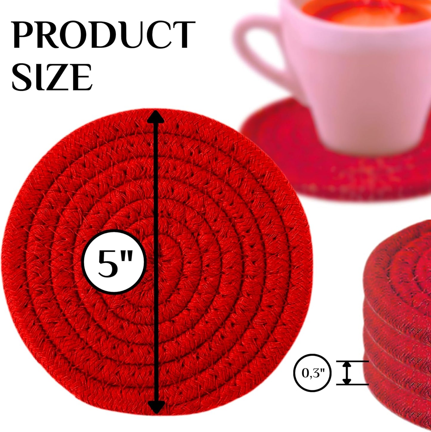 8PCS Red Handmade Cotton Round Woven Coasters - Absorbent Braided Cup Mats for Drink Home Kitchen Heat-Resistant