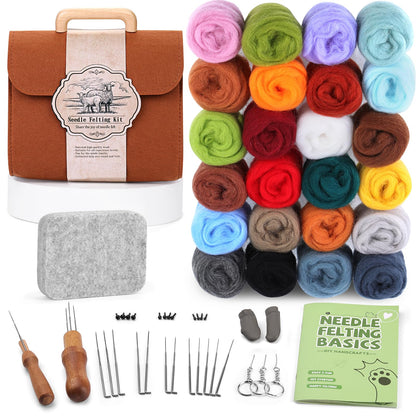 ZXIIXZ Needle Felting Kit, 24 Colors Felting Wool Kit with Felt Bag, Felting Needles, Pad, Felting Wool Bulk for DIY Needle Felting Beginner with Step by Step Instructions