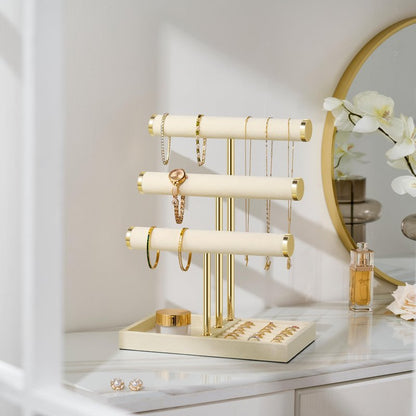 3 Tier Bracelet Holder Display - Detachable T Bar Beige Velvet Bracelet Holder, Jewelry Holder Organizer for Bracelet, Necklace, Earrings, Rings