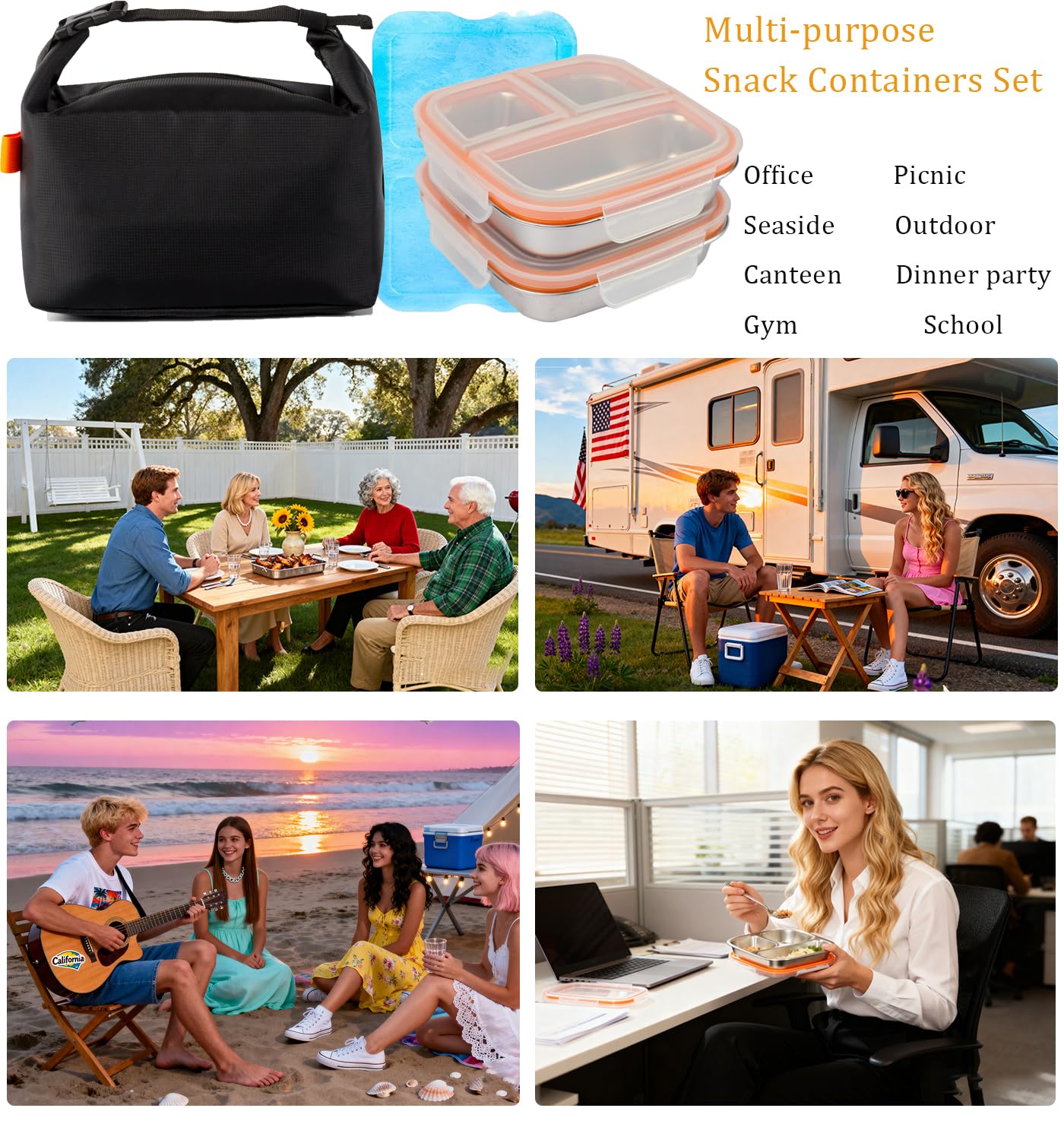 Stainless Steel Snack Box Container with Ice Pack & Lunch Bag for Man & Women - Bento Lunch Box Kit for School,office,Work,Travel,Camping, Reusable Lunch Meal Prep Containers Compartment Leak-Proof