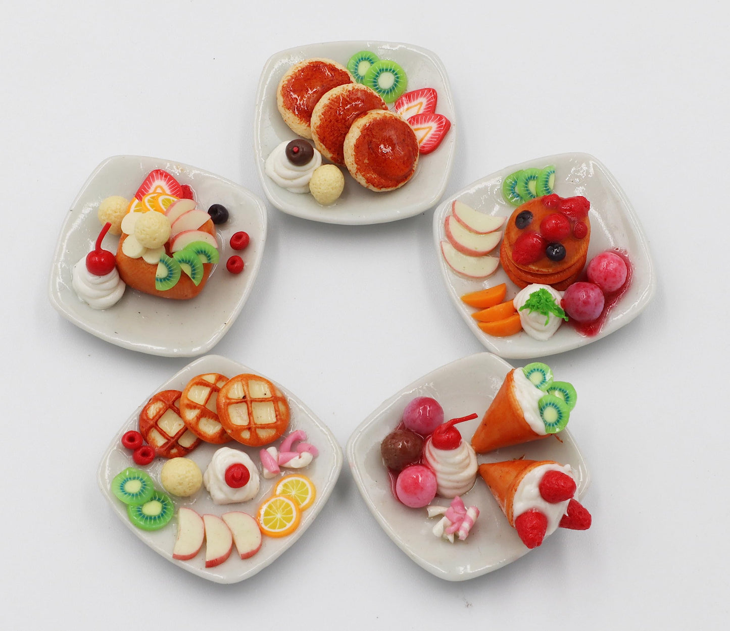 Miniature Dessert Plate Set – 5 Assorted Handmade Clay Treats with Pancakes, Waffles & Ice Cream – 1:6 Scale Dollhouse Food on 1-Inch Ceramic Plates – Realistic Mini Food Decor
