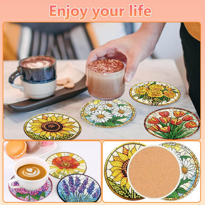 8 Pcs Flower Diamond Art Coasters Kit for Adults, Flowers Diamond Painting Coasters with Holder, 5D Gem Art DIY Crafts Diamond Dots for Gift Life