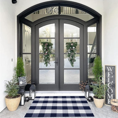SEEKSEE Cotton Buffalo Plaid Rug 27.5"x43" Navy Blue and White Checked Washable Doormats for Indoor Outdoor