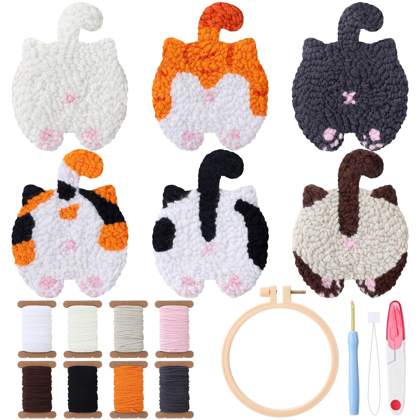 Vesici 6ps Cat Bum Punch Needle Kit, 6 Patterns Cat Butt Punch Coaster, Fun Woven Creative Coasters for Adult Beginners, Coasters Kit with Adhesive Felt, Yarns, Embroidery Hoop, Instruction