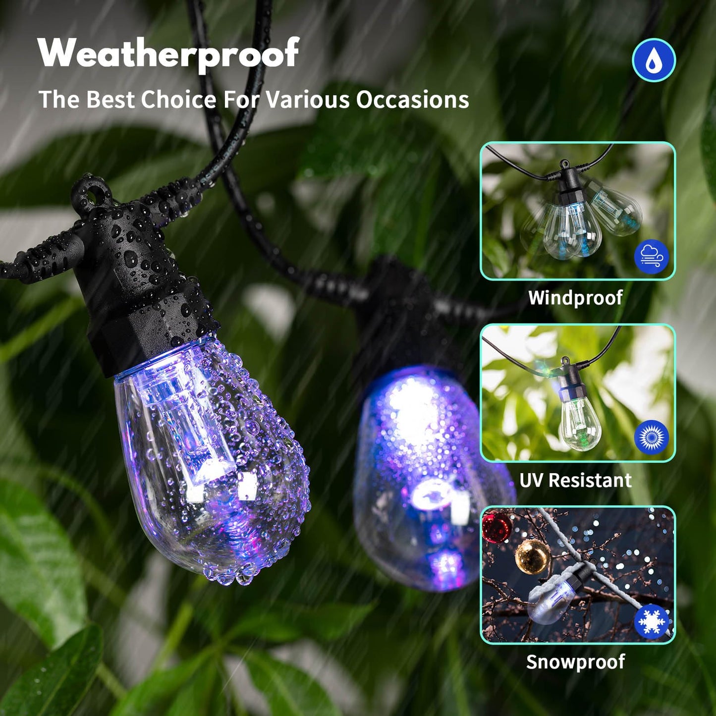 YAIYAN 50ft Outdoor String Lights Color Changing - Dimmable RGBW Smart Patio Lights with 20 Bulbs, Waterproof Shatterproof, Music Mode, Connectable, Remote & App Control for Halloween, Christmas