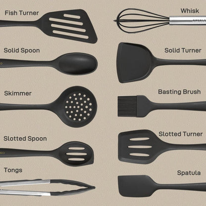 CAROTE Kitchen Utensil Set for Nonstick Cookware - 446°F Heat Resistant Silicone Cooking Utensils Set 10pcs, Dark Grey, Oderless Spatula, Turner