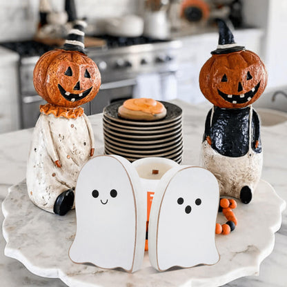 2 Pieces Halloween Decorations Wood Halloween Ghost Sign - Halloween Tiered Tray Decor, Distressed Wood Standing Ghost Sign for Halloween Party, Halloween Table Decor