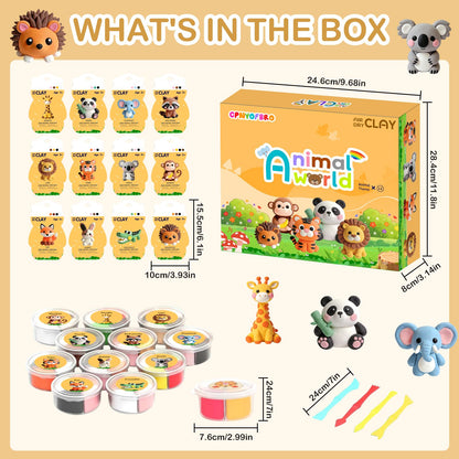 Air Dry Clay Kit - 12 Animal Modeling Clay for Kids, Complete DIY Clay Craft Set with Sculpting Tools & Step-by-Step Tutorials, Ultra Soft & Non-Sticky Clay, Children's Day Gift Ideas