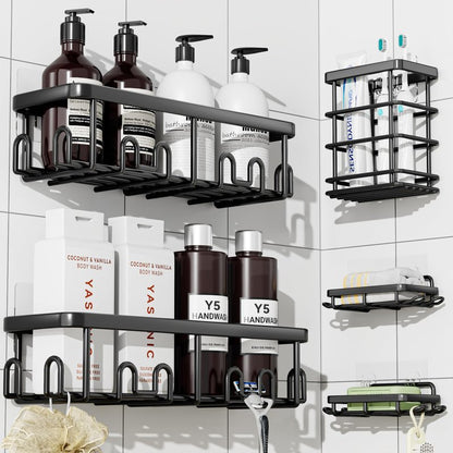 YASONIC Adhesive Shower Caddy, 5 Pack Black Shower Shelves for Inside Shower, Rustproof Shower Organizer with Soap and Toothbrush Holder, No Drilling Shower Storage for Bathroom/Kitchen