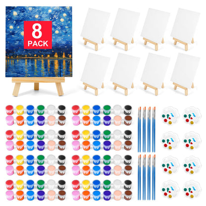 8 Pack 8 * 10In Canvas Boards for Painting, Art Canvas for Drawing with 16 Brushes & 8 Paint Trays & 16 Acrylic Paint, Mini Painting Canvas with Easel Set, Painting Kits for Adults Party