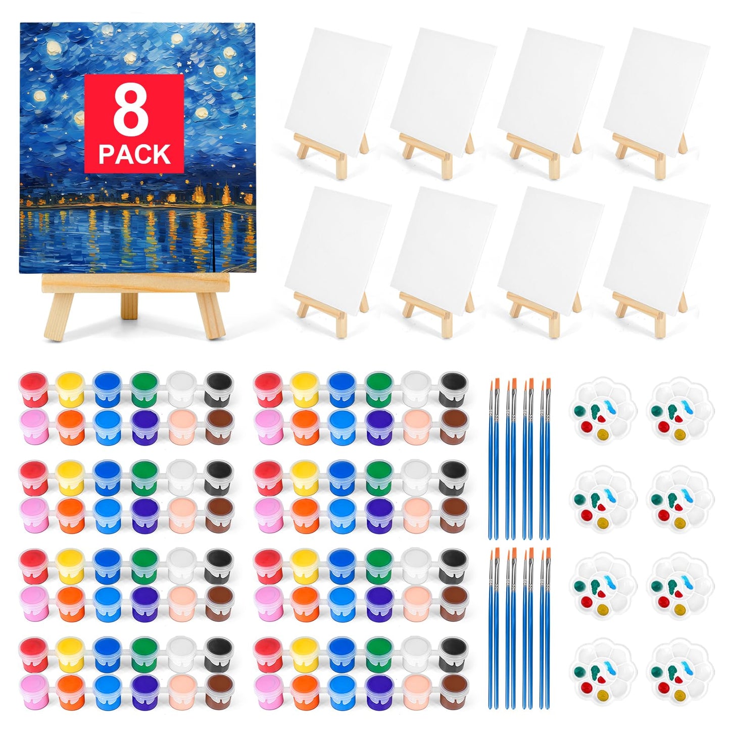 8 Pack 8 * 10In Canvas Boards for Painting, Art Canvas for Drawing with 16 Brushes & 8 Paint Trays & 16 Acrylic Paint, Mini Painting Canvas with Easel Set, Painting Kits for Adults Party