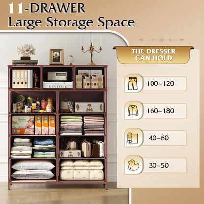 WLIVE Tall Dresser for Bedroom, Fabric Dresser Storage Tower, Chest of Drawers Organizer Unit with 11 Drawers, Storage Cabinet, Hallway, Closets, Steel Frame, Wood Top, Pink