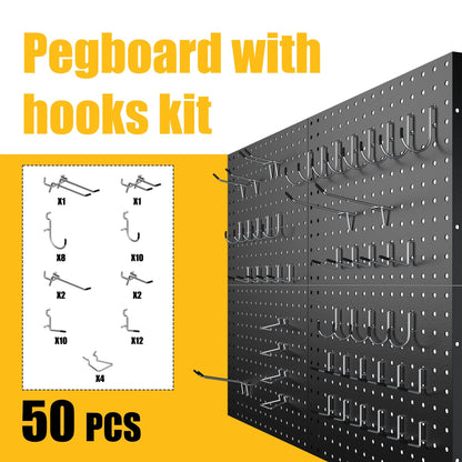 Spampur Peg Board, 4 Pack Metal Pegboard Panels with 50 Hooks, Black Pegboards Wall Organizer, Heavy Duty Peg Board for Walls Home, Garage Tool Storage, Office Organization, Craft Room, Kitchen