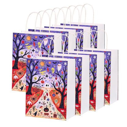 Halloween Paper Bags 8x4.5x11 Inch, Spooky Pumpkin Ghost Bat Design, Trick or Treat Goodie Bags for Party (8-Pack)