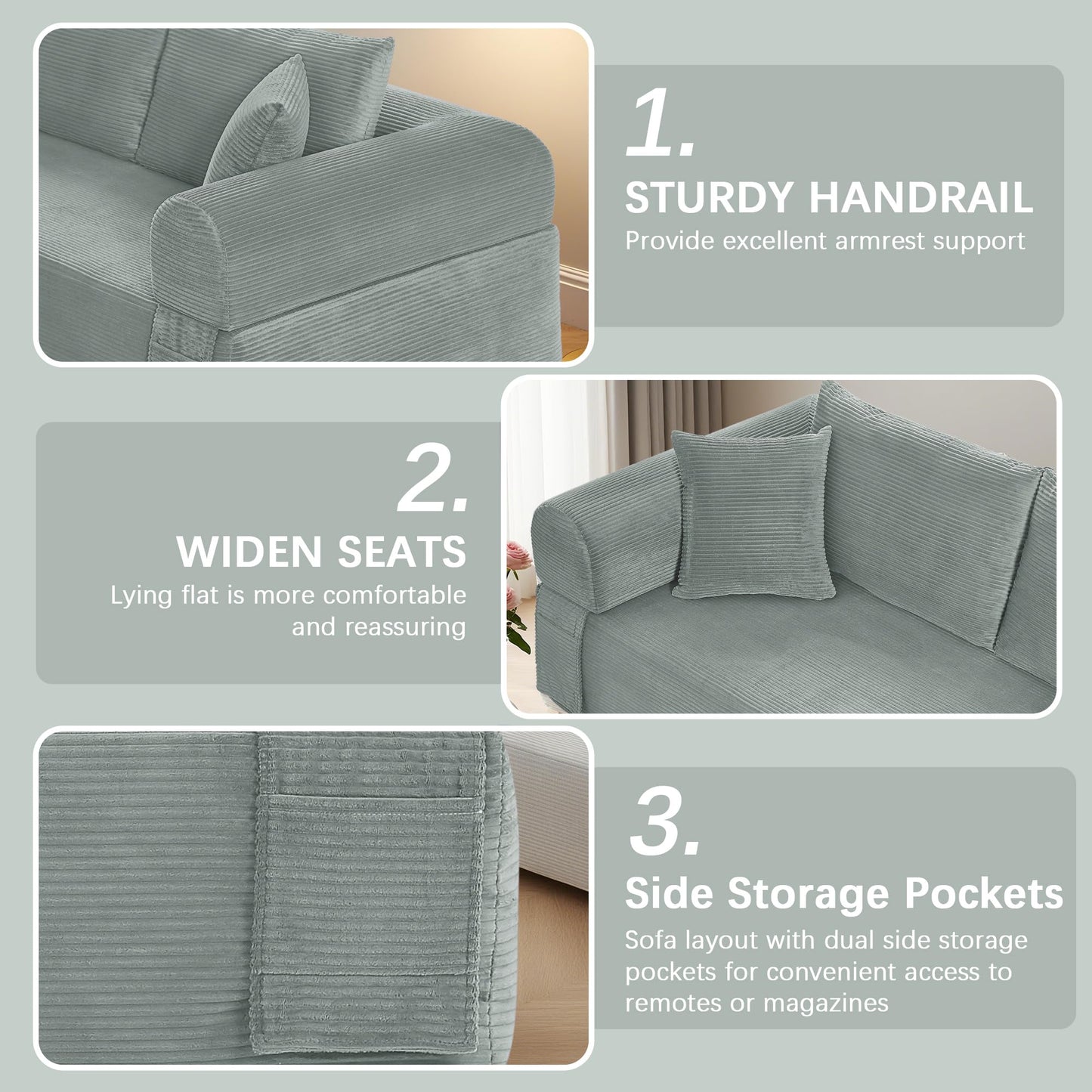 83" Modern Sofa in a Box, No Assembly Oversized 3 Seater 28" Deep Seat Cloud Sofa Bed Couch with 4 Furry Pillows & Corduroy Fabric, Boneless Couch with Side Storage Pockets for Living Room, Light grey