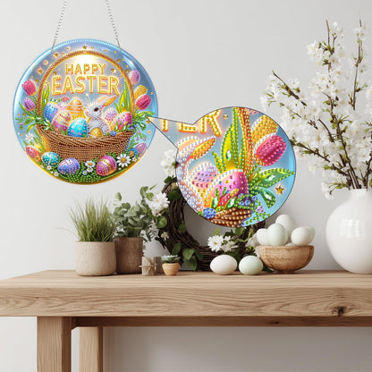 Aeepics Easter Diamond Art Hanging Kits for Adult, DIY Round Diamonds Painting Pendant Ornament Kit, Acrylic Diamond Art Board Painting (Happy Easter)