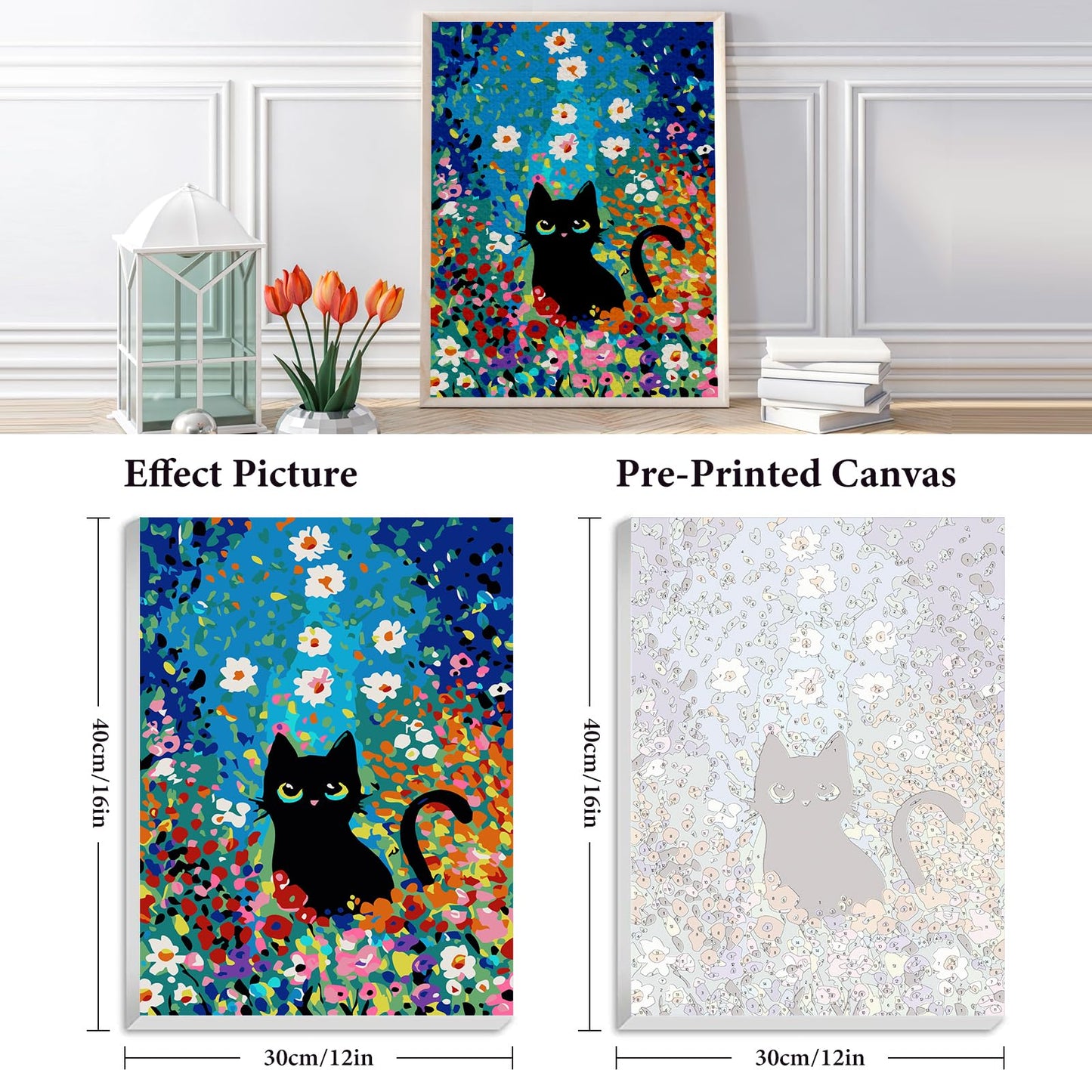 Fountor 12” W x 16”L Framed Paint by Numbers Kit for Adults Beginner, Black Cat Adult Paint by Number Kits on Canvas, Cat Flowers Oil Painting by Numbers for Home Decor Gift