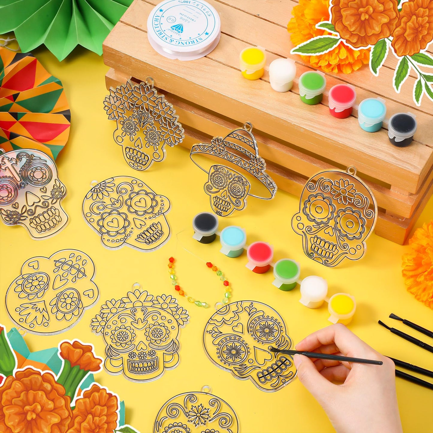 Pasimy 36 Sets Day of The Dead Suncatchers Paint Craft Kits Dia De Los Muertos Window Hanging Ornaments Decorations DIY Paint Your Own Sugar Skull Skeleton Art Project Halloween Party Favors Gifts