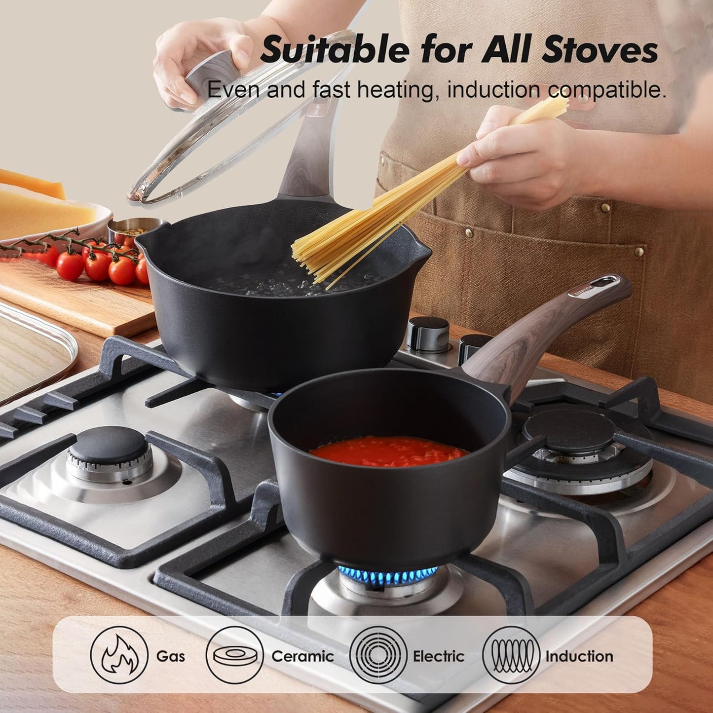 SENSARTE Nonstick Saucepan Set - 2.0 & 3.0 Quart Cooking Pots with Lid & Pour Spout | PFOA Free, Easy to Clean