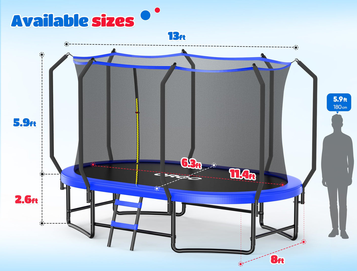 ORCC 8x13FT Oval Trampoline - Heavy Duty Kids & Gymnastics Trampoline with Reinforced Locking Bar, Outdoor Trampolines with Enclosure Net for Kids