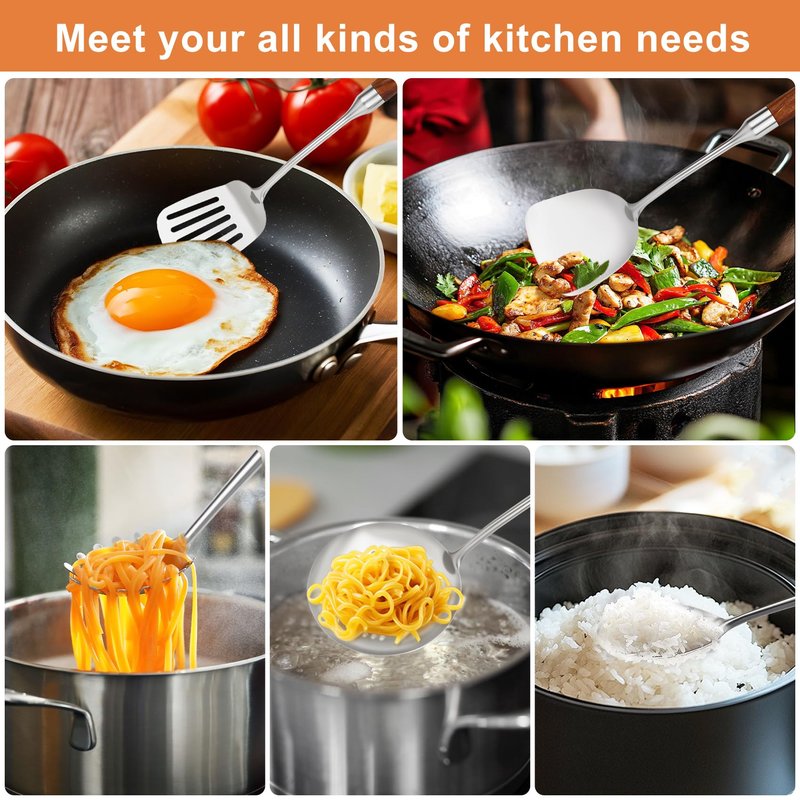 304 Stainless Steel Cooking Utensils Set with Wood Handle,10 Piece Metal Kitchen Utensils Dishwasher Safe Heat Resistant Serving Utensil Wok Tools (13-14in)