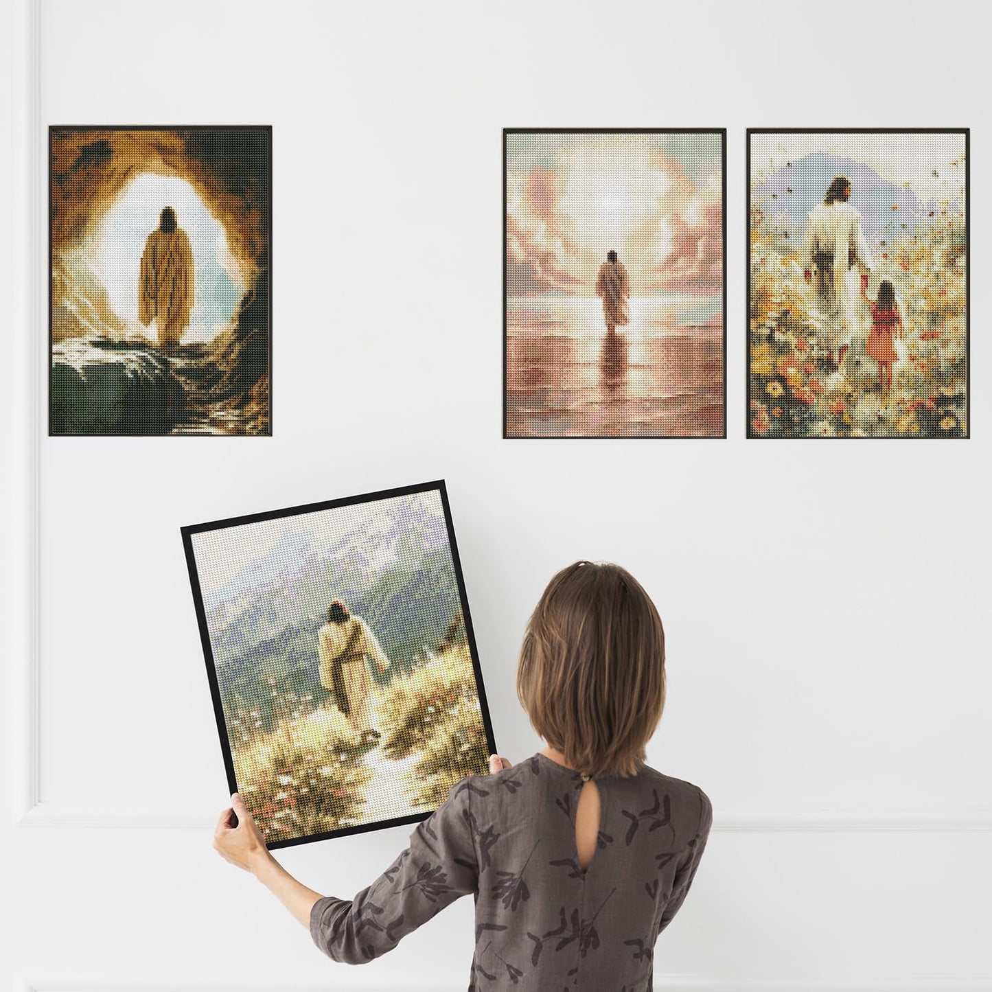 Sitsink Jesus Diamond Art Kits for Adults - Full Drill Jesus Walking on Ocean Beach Christian Diamond Painting, 5D Gem Art Canvas Set Religious Christ Holiday Gifts for Women (4 Sheets)