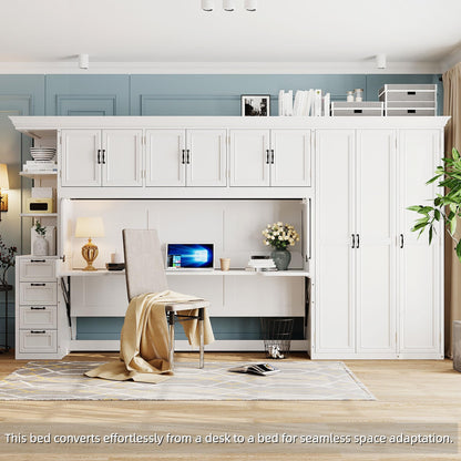 Merax Twin Size Murphy Bed with Desk, Multifunctional Wood Foldable Wall Bed with Wardrobe, Drawers and Cabinet, Space-Saving Hidden Bed for Guest Room Office, No Box Spring Needed, White