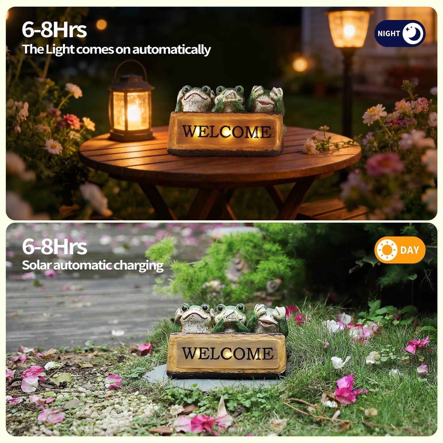 10.43"W Miniature Frog Solar Garden Statue, Three Wise Frogs Resin Lighted Welcome Sign, Outdoor Fairy Garden Accessories, Housewarming Gift for Patio, Yard, Porch, Entryway, Balcony, Lawn Ornament