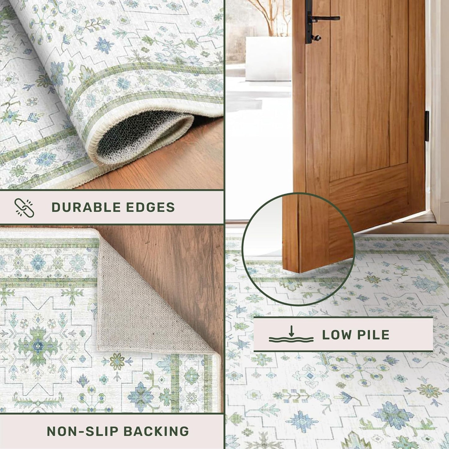 Regine Switzerland Large 8x12 Area Rug - Washable Non-Skid Geometric Floral Design in Cream Green