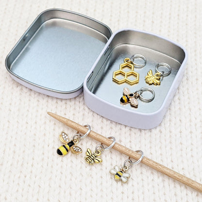 Honey Bee Knitting Stitch Markers with Storage Tin | Ring Style Closed Rings | Bee & Honeycomb Charms for Knitters | Gift for Yarn Lovers | Handmade by Pretty Warm Designs
