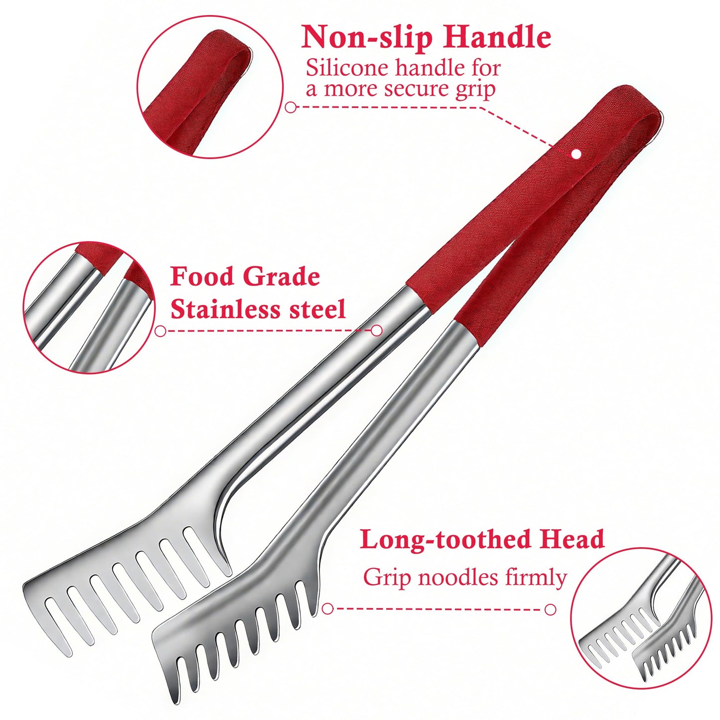 Funnydin Spaghetti Spoon and Spaghetti Tong - 12 Inch Heat-Proof Handle Spaghetti Fork and Kitchen Tong, Non-stick, Easy Storage and Dishwasher Safe Utensils for Cooking, Ergonomic Design