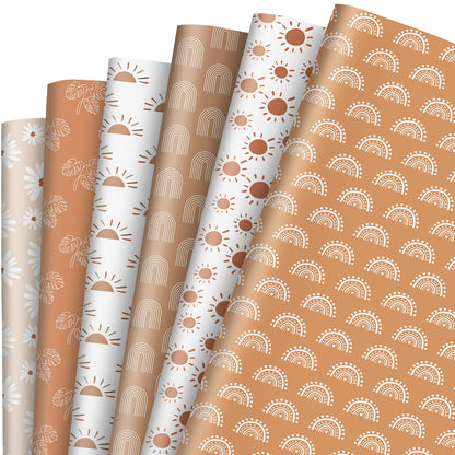Whaline 12Pcs Modern Boho Wrapping Paper Boho Daisy Flower Rainbow Sun Gift Wrap Bulk Art Paper Folded Flat for Baby Shower Birthday Wedding DIY Crafts Gift Packing, 19.7 x 27.6 Inch