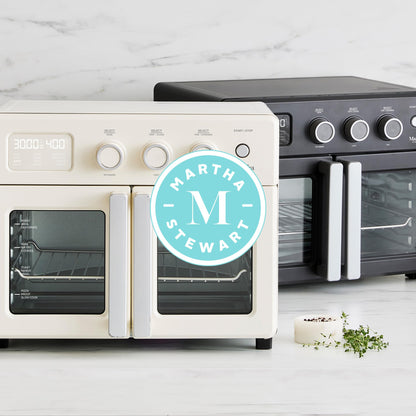 Martha Stewart French Door Air Fryer Toaster Oven Combo, 34QT Countertop Convection, 12-in-1, Bake, Broil, Roast, Fits 12” Pizza, Dehydrate, 5 Accessories, Air Fry Basket, Stainless Steel, Caviar Gray