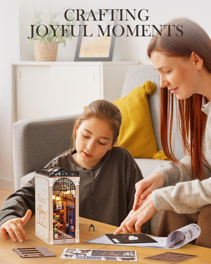 Rolife 3.5 hrs Beginner Friendly Book Nook - 3D Wooden Puzzle with LED Lights and Dust Cover - DIY Miniature House Kit Bookshelf Insert Decor - Arcade Dating (TGB10)