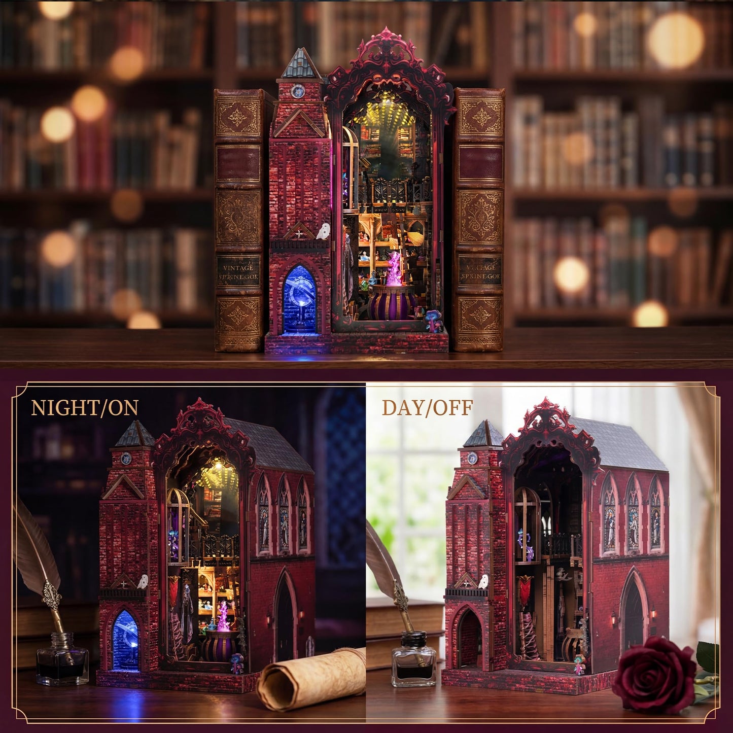 Magic Castle Book Nook Bookshelf Insert Kit – LED Infinity Mirror 3D Wooden Puzzle with Gear Mechanism,368 Pcs DIY Model for Fantasy Book Decor, Gifts for Adults & Teens