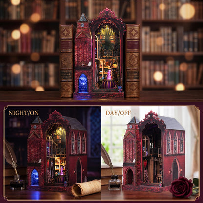 Magic Castle Book Nook Bookshelf Insert Kit – LED Infinity Mirror 3D Wooden Puzzle with Gear Mechanism,368 Pcs DIY Model for Fantasy Book Decor, Gifts for Adults & Teens