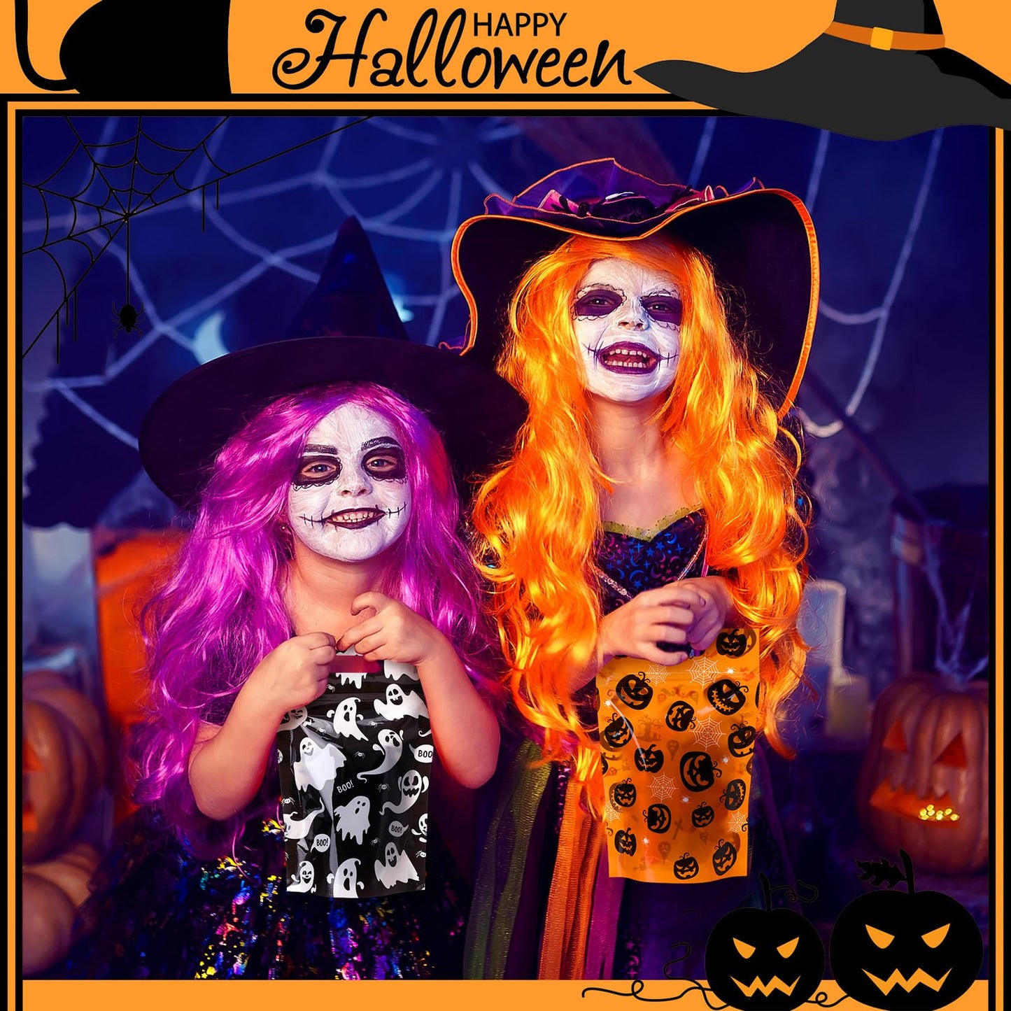 Gersoniel 100 Pcs Plastic Halloween Treat Bags with Handles Treat or Trick Halloween Goodie Gift Bag Resealable Pumpkin Ghost Candy Cellophane Zipper Bags for Gift Wrapping Supplies