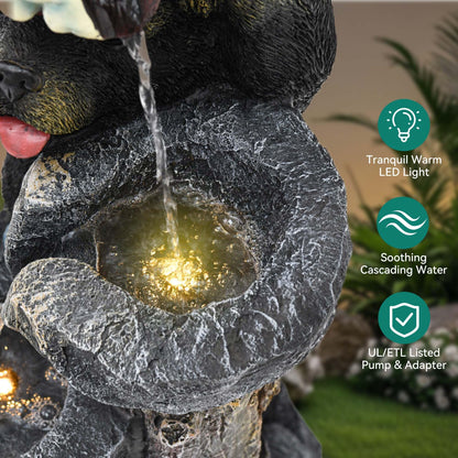 Ultym 37.5" H Resin Playful Twin Bear Fountain Outdoor, Whimsical Multi-Tiered Stone Vessel Water Feature Outdoor with Lights, Soothing Cascading Waterfall for Patio, Backyard, Garden or Porch
