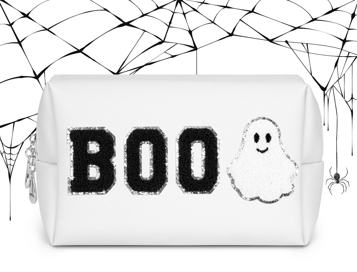 Dripkiaa Halloween Makeup Bag Chenille Patch Travel Cosmetic Bag Organizer Large Capacity Toiletry Bag Make Up Bags Cosmetic Pouch, Boo Basket Gifts for Women, Girls - White