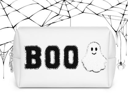 Dripkiaa Halloween Makeup Bag Chenille Patch Travel Cosmetic Bag Organizer Large Capacity Toiletry Bag Make Up Bags Cosmetic Pouch, Boo Basket Gifts for Women, Girls - White