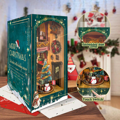 Strucwood Christmas Book Nook Kit with LED Light - 3D Wooden Puzzles Booknook for Book Shelf Decor - DIY Dollhouse Kit - Book Nooks Decor with Dust Cover Jingle Cabin(SQ-34)
