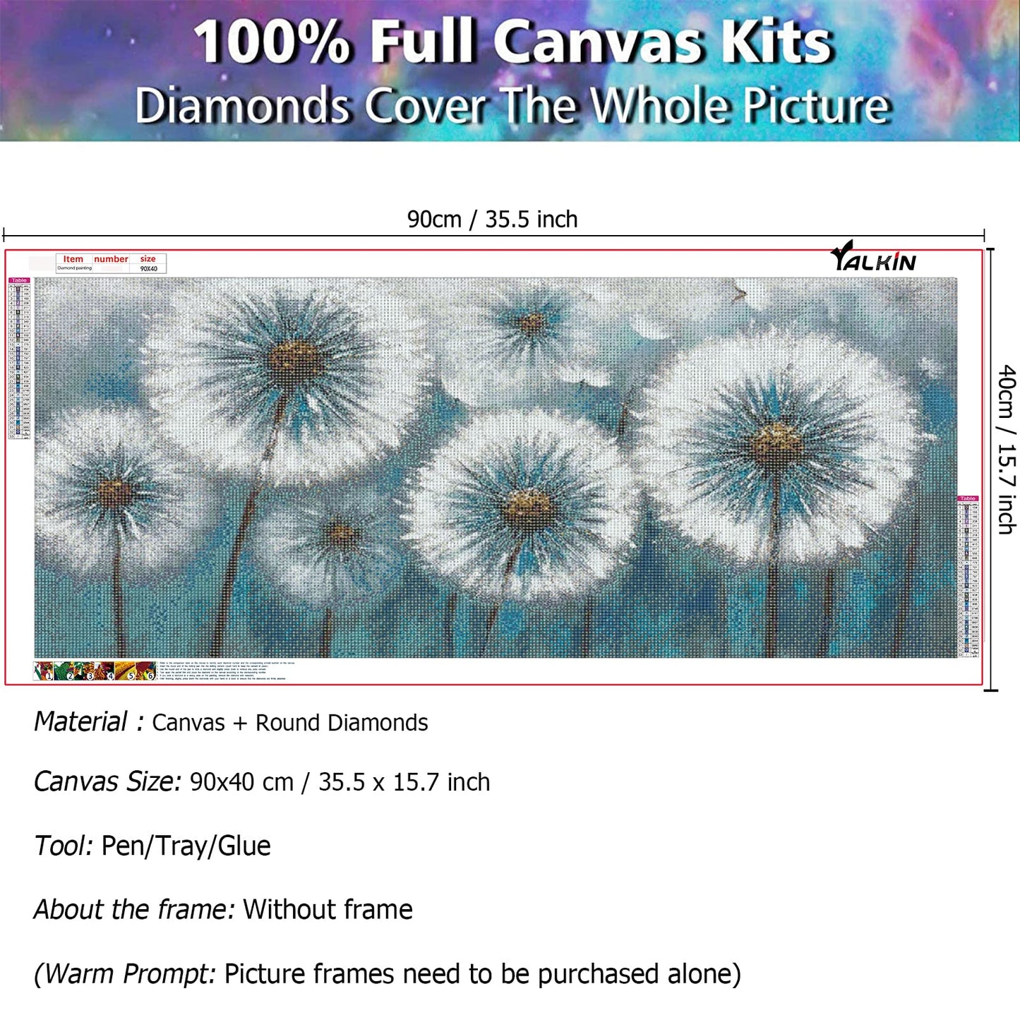 YALKIN 5D Large Diamond Painting Kits for Adults (35.4x15.7inch), Dandelion Flower Full Round Drill Nature Gem Arts Paint by Diamonds Kits Diamond Art Kits for Home Wall Decor Relax Gift
