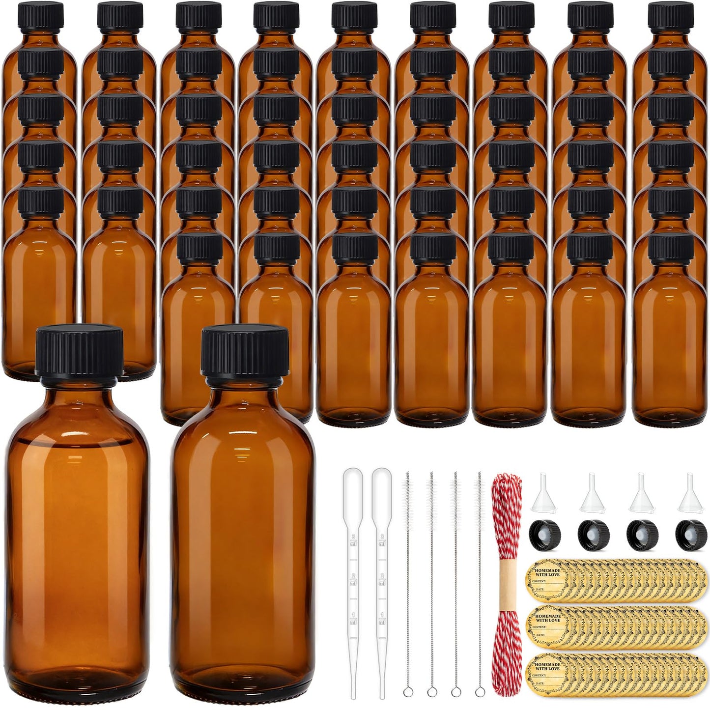 TBWIND 54 Pack 2oz Amber Glass Boston Round Bottles with Airtight Polycone Caps, Travel Size Glass Bottles for Essential Oils, Perfume, Vanilla Extract, Tinctures & DIY Samples