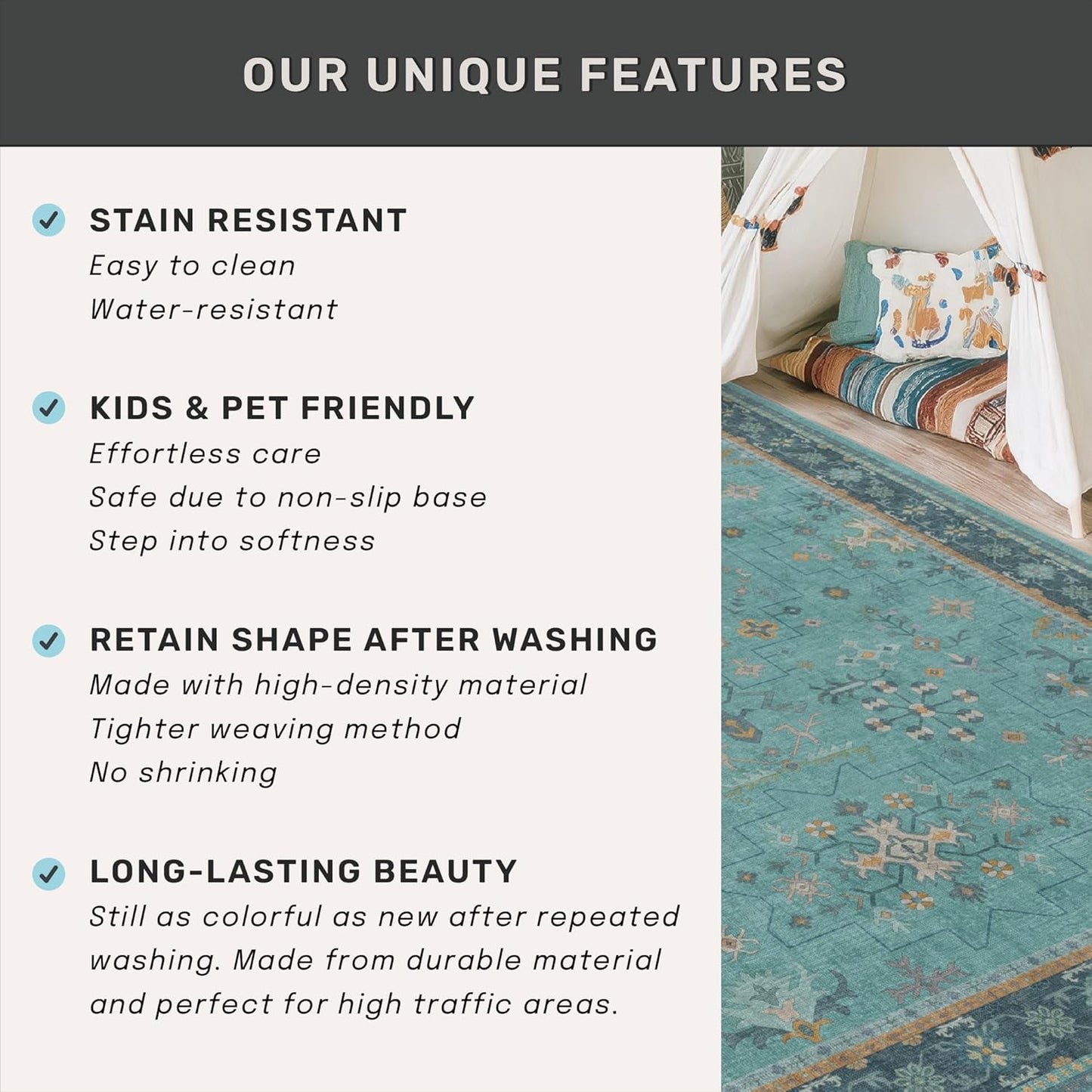 Skiennix Washable Large Teal Boho Living Room Rug - Soft Floral Area Rug, Non-Slip & Stain Resistant, 10x12 ft