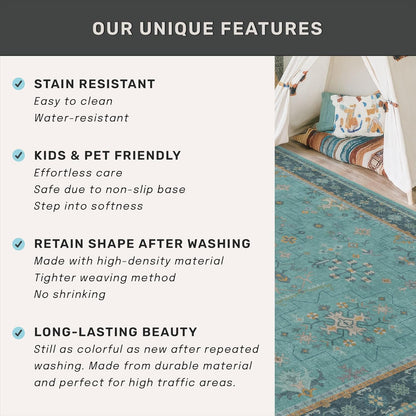 Skiennix Washable Large Teal Boho Living Room Rug - Soft Floral Area Rug, Non-Slip & Stain Resistant, 10x12 ft